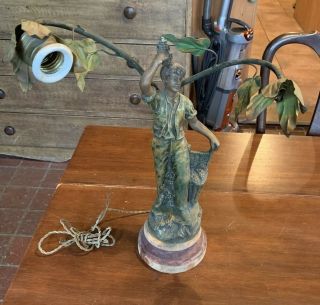 Antique French Art Nouveau Spelter Lamp Boy With Grapes Tole Leaves (for Repair)