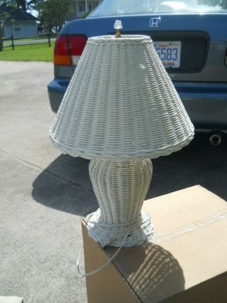 Vintage White Wicker Table Lamp 21 " Tall W/ Shade - Cottage White Wicker Lamp