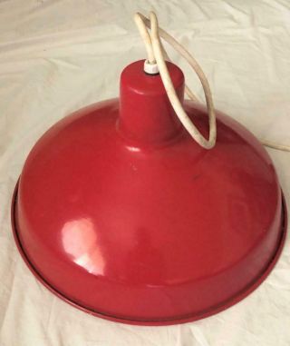Large Vintage Industrial Red Enamel Ceiling Light Fixture Chipped Enamel