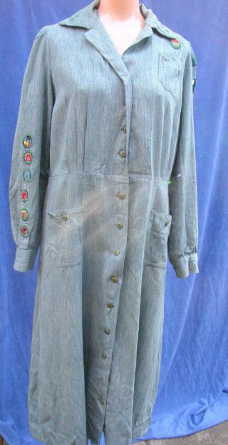 Vintage 40s Girl Scout Uniform Dress Long Sleeve Cotton Gsa Xl Patches Pin