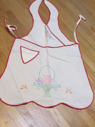 Vintage Bib Apron Embroidered Cotton Basket Roses Red Bias Edges
