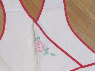 Vintage Bib Apron Embroidered Cotton Basket Roses Red Bias Edges 4