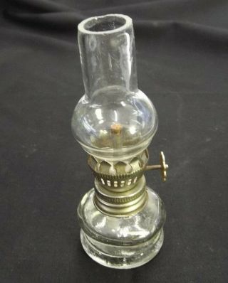 Miniature Glass And Metal Oil Lamp 4 " Tall With Chimney Doll House Rare