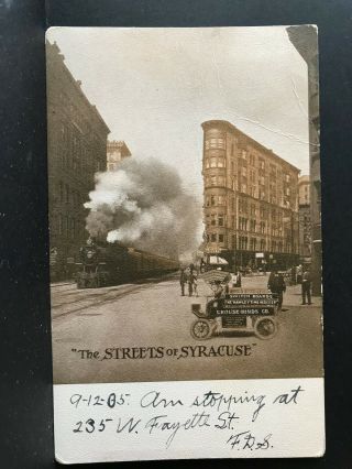 Postcard Syracuse Ny - Street View - Steam Locomotive - Advertising On Old Car