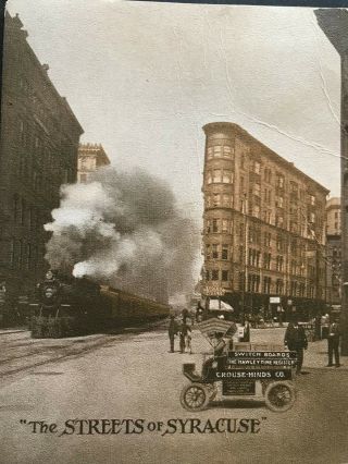 Postcard Syracuse NY - Street View - Steam Locomotive - Advertising on Old Car 2