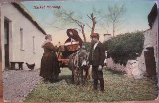 Irish Postcard Market Morning Ireland Man Woman Cloak Donkey Thatch F O 