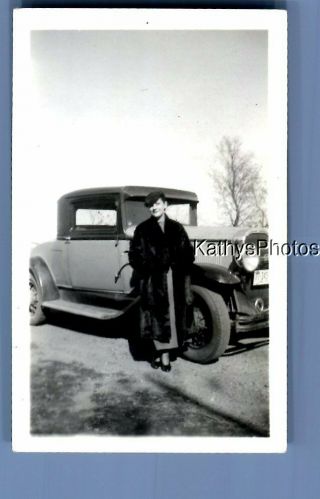 Found B&w Photo C,  4444 Pretty Woman In Coat Posed By Old Car