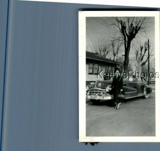Found B&w Photo C,  5210 Pretty Woman Posed On Isde Of Old Car