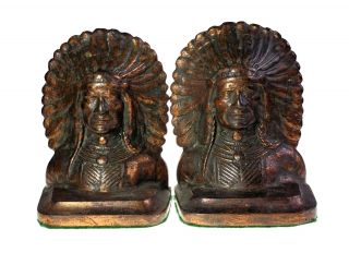 Antique Native American Indian Chief Bookend Pair Copper Clad Cast Iron Bronze