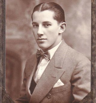 Handsome Young Man W/ Striped Bow Tie - 1920s Photo In Paper Frame