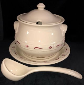 Longaberger Pottery Woven Traditions Red Large Soup Tureen W/lid Ladle Plate
