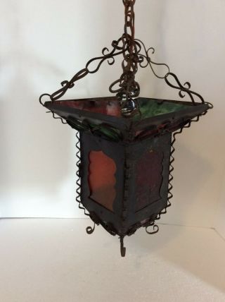 Vintage Metal Hanging Scroll Lantern Light Stained Colored Glass 9 1/2 " High
