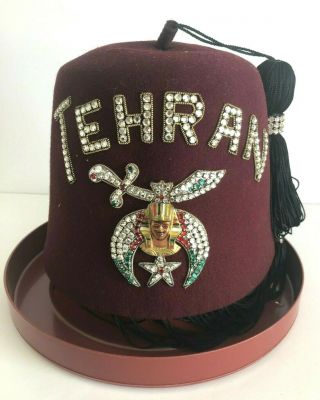 Vintage Shriner Masonic Tehran Jeweled Fez Hat 7 1/4 " With Plastic Case