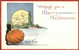Merry Halloween Man In The Moon Black Cat Gibson Art C1915 Postcard