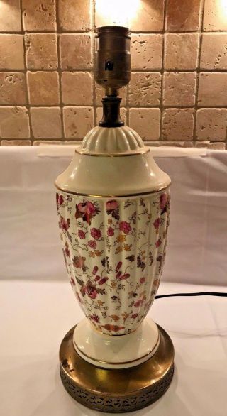 Antique Pink & Purple Floral Lamp With Gold Trim Vintage Shabby Chic