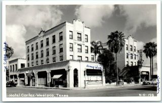Weslaco,  Texas Rppc Real Photo Postcard Hotel Cortez Downtown Street View C1940s