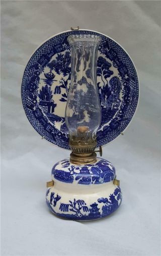 Small Vintage Blue Willow Hurricane Oil Lamp - Reflector Plate - Shade Japan