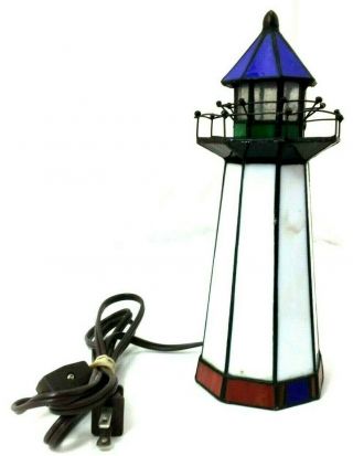 Vintage 10 " Tiffany Style Stained Glass Lighthouse Accent Table Lamp Night Light