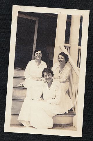Vintage Antique Photograph Three Women In White Sitting On Porch Steps