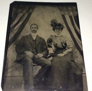 Rare Antique Victorian American Fashion Couple Patriotic Us Flags Tintype Photo