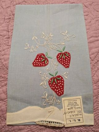 Madeira Strawberry Applique & Embroidered Linen Hand Towel 17.  5 X 11.  5 "