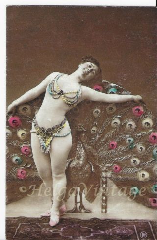 Antique,  Erotic Hand - Tinted Photo - Postcard,  Lady With Peacock Cca.  1910s 