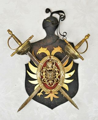 Vintage Coat Of Arms Toledo Plaque With Knight And Swords Double Headed Eagle