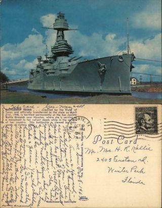 1967 La Porte,  Tx Battleship Texas Harris County Chrome Postcard 4c Stamp Vintage
