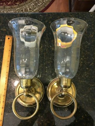 2 Vintage Solid Brass Wall Candle Sconces With Glass Hurricane Shades 13 "
