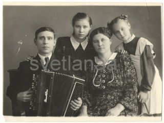 1950s Soviet Family Music Accordion School Girls Lovely Sisters Su Vintage Photo