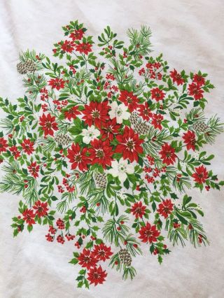 Vintage Christmas Linen Table Cloth Round Poinsettia White Red Green