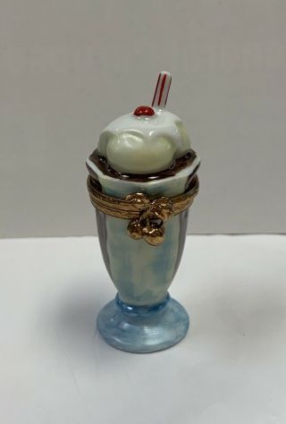Limoges France Peint Main Ice Cream Soda / Sundae With Cherry On Top Trinket Box