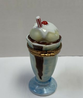Limoges France Peint Main ICE CREAM SODA / SUNDAE With Cherry On Top Trinket Box 2