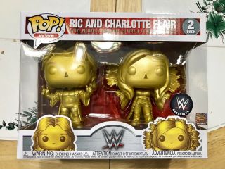 Funko Pop Wwe 2 Pack: Ric And Charlotte Flair Gold Vinyl Figures In Hand