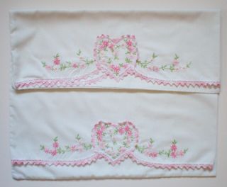 Vintage Embroidered Pillow Cases With Crocheted Trim Heart And Flowers
