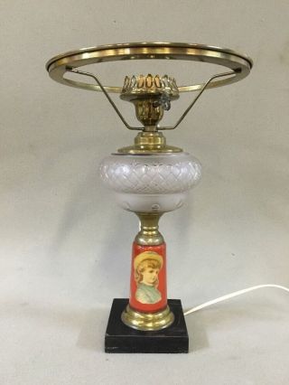 Vintage Table Lamp Hurricane Style Pressed Glass Reverse Image Base Only Antique
