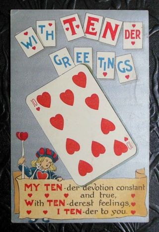 With Ten - Der Greetings - 10 Of Hearts Playing Card - Antique Rebus Postcard 1909