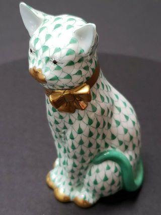 Herend Green Fishnet Cat With Gold Ribbon Bow Tie - Wrapped Up And Ready
