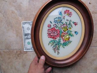 Lg.  Tinfoil Painting,  Classic 1840 Victorian Antique Oval Walnut Frame,  Flowers
