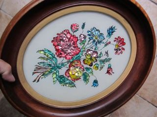 LG.  TINFOIL PAINTING,  Classic 1840 Victorian Antique Oval Walnut Frame,  Flowers 2