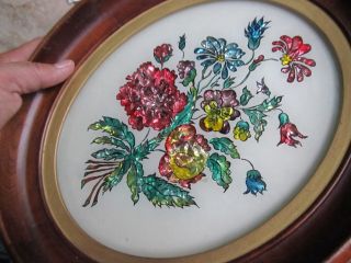 LG.  TINFOIL PAINTING,  Classic 1840 Victorian Antique Oval Walnut Frame,  Flowers 3