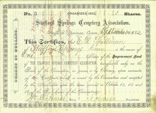 Sept 1882 Stafford Springs Conn Cemetary Assn Improvement Fund Stock Certificate