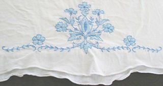 Pr Vtg White Tubular Pillow Cases Hand Embroidered Blue Flowers