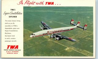 Twa Trans World Airlines Advertising Postcard Constellation Skyliner Linen