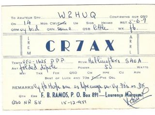 Qsl 1951 Mozambique Cr7ax Radio Card