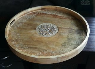 Large 29 " Round Hand Carved Wood Tray With Handles,  Natural Wood