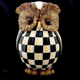 Mackenzie Childs Irresistibly Cute Courtly Check Owl 9 " Tall Black White Gold