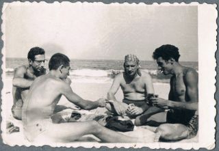 37 Seminude Men Playing Cards At The Beach Bulge Gay Interest Vtg Photo 1960 