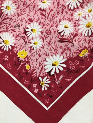 Vintage Cotton Tablecloth Daisy Flowers Wine Pink White 60 " X 52 " Flaw Summer
