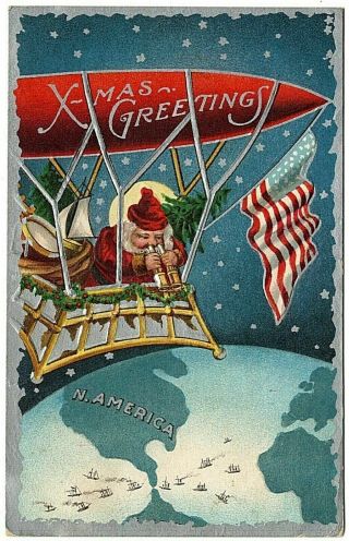 Christmas Patriotic Santa Claus Airship Earth Usa Flag Antique Postcard - K386